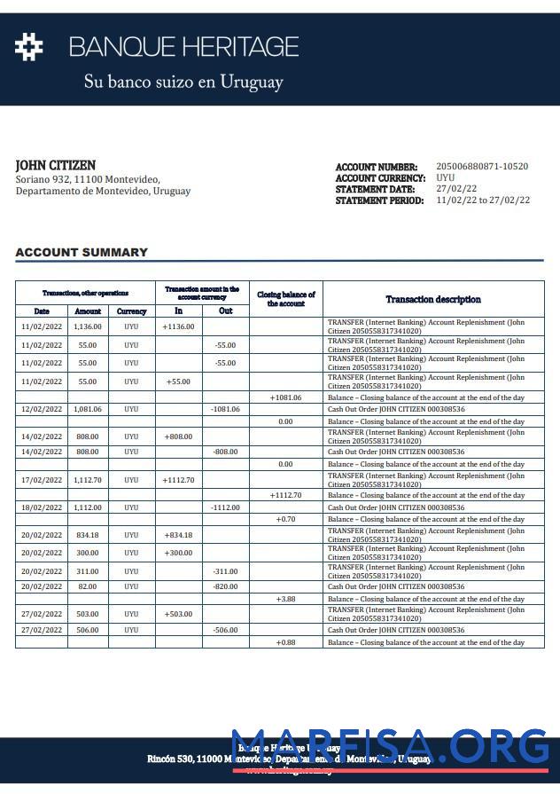Blank Uruguay Banque Heritage bank statement word template